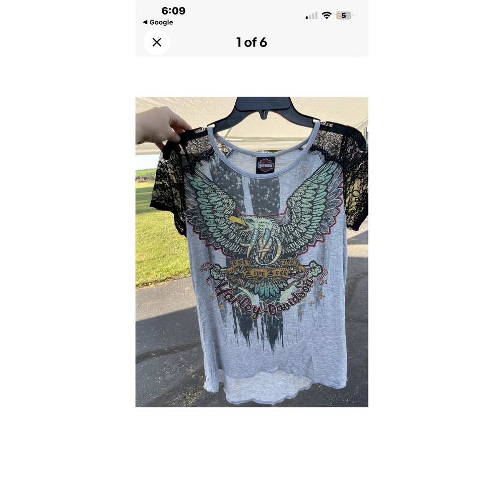Harley Davidson Womens Lace Sleeve Graphic T Shirt Eagle Live Free Gray 1XL